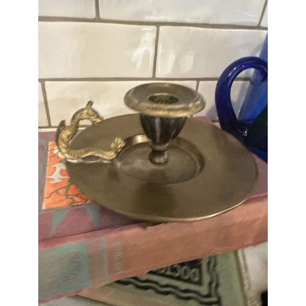 Vintage Brass Dragon Handle Candlestick Candle Holder Chamberstick